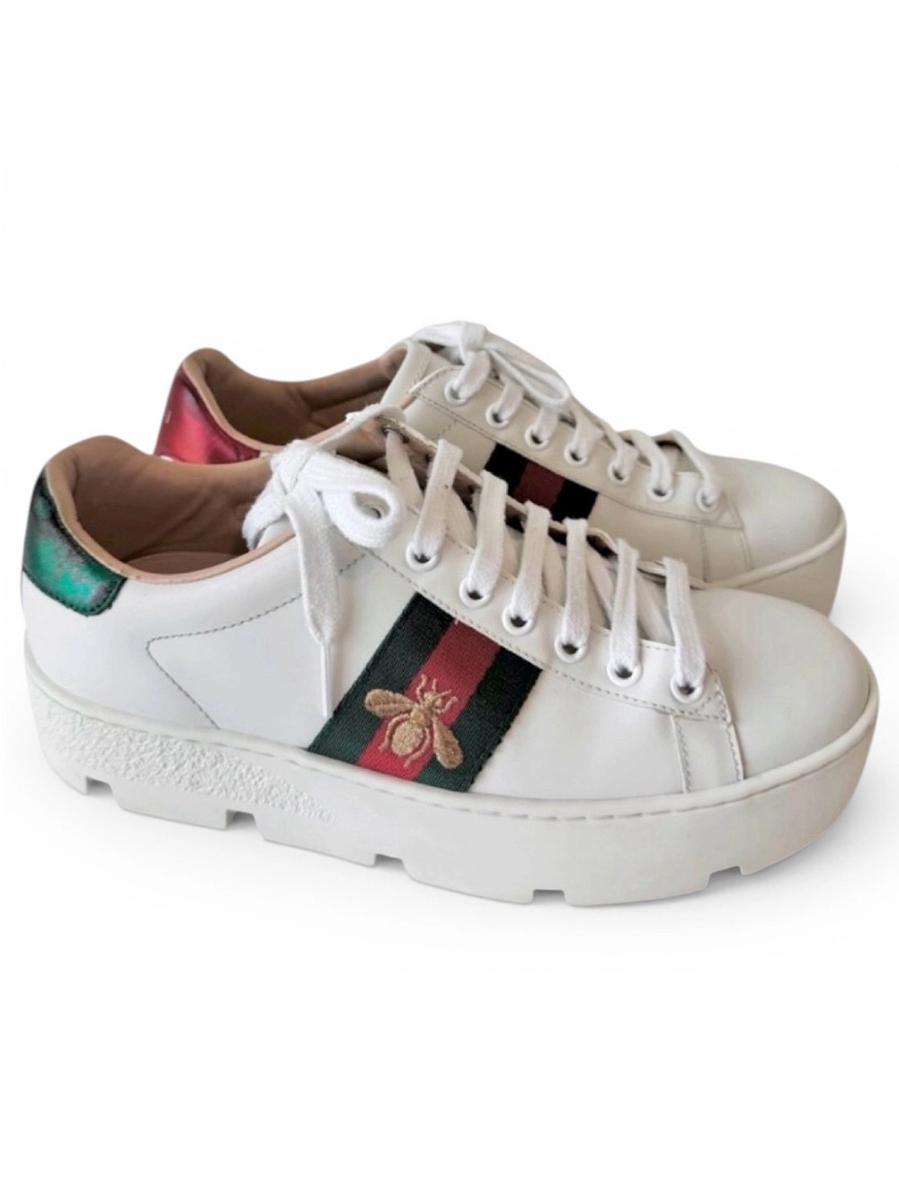 Gucci White Leather Platform Sneakers. Size 34, with Red and Green Web Stripe